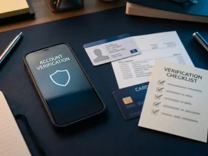 Neutral identity verification setup with a phone, identification document, bank statement and account security checklist