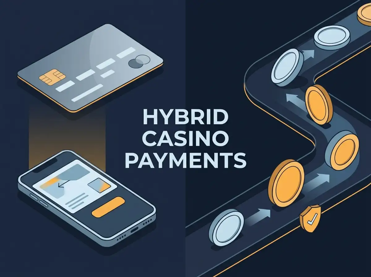 Split editorial scene with a bank card, mobile wallet and abstract digital tokens