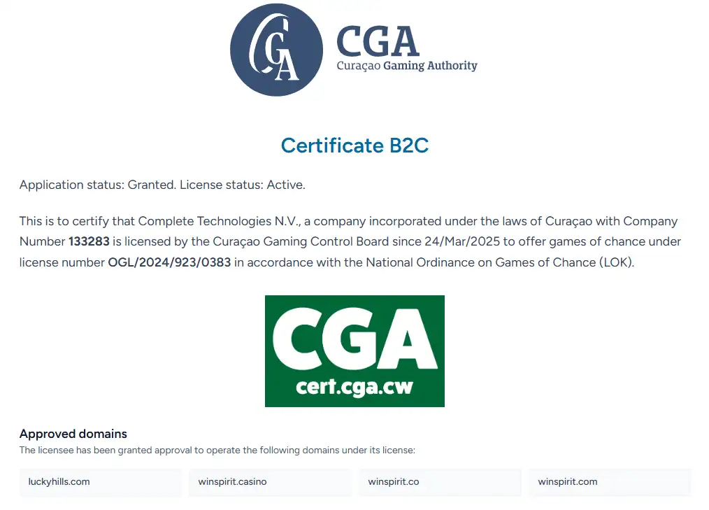 Curaçao Gaming Authority certificate page showing WinSpirit operator and licence details