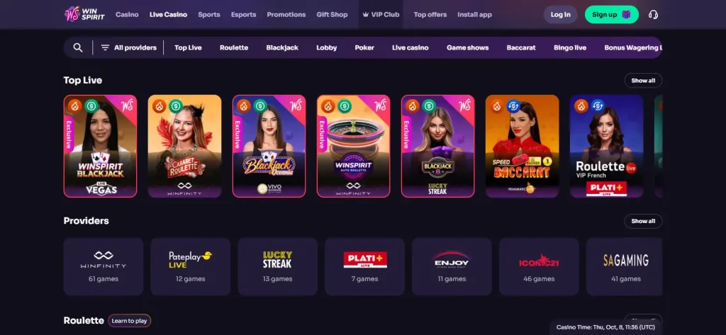 WinSpirit live casino page with game-category navigation and rows of live table thumbnails