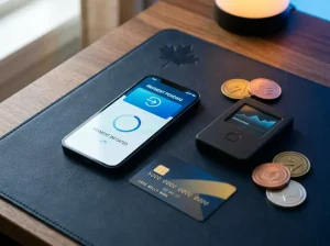 Phone, payment card, digital wallet and abstract cryptocurrency tokens arranged on a dark desk