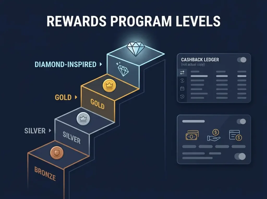 Editorial illustration of a casino loyalty ladder with bronze, silver, gold and diamond-style tiers beside a withdrawal card and cashback ledger