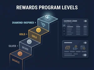 Editorial illustration of a casino loyalty ladder with bronze, silver, gold and diamond-style tiers beside a withdrawal card and cashback ledger