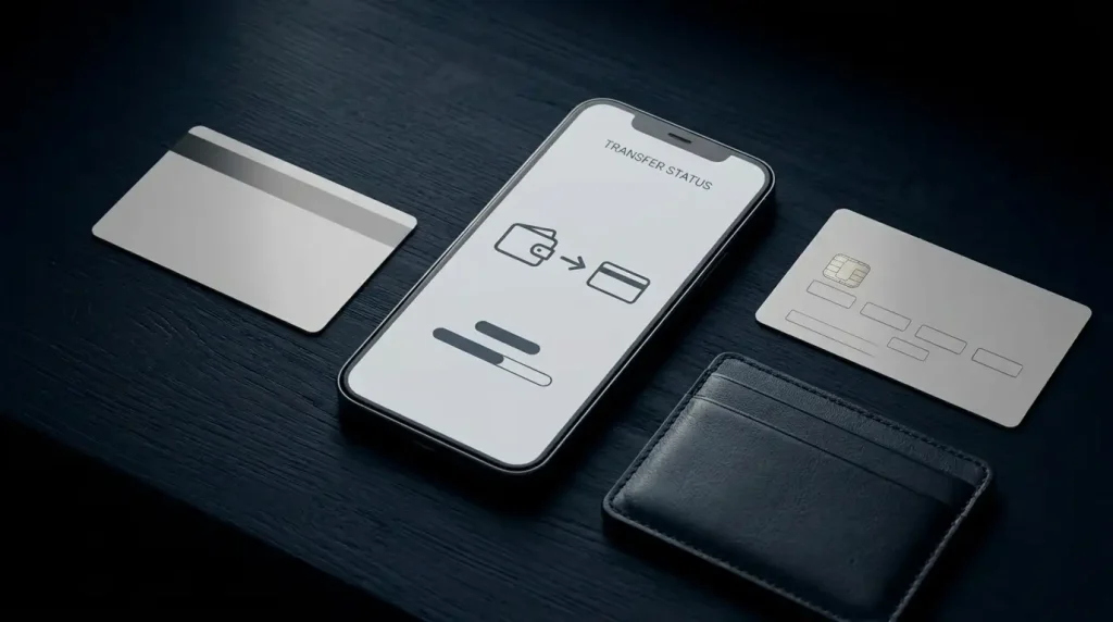 A phone showing a generic cashout progress path beside an identification card and payment card on a dark desk