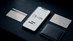 A phone showing a generic cashout progress path beside an identification card and payment card on a dark desk